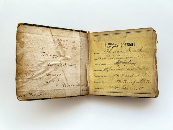 Stub book of burial removal permits for bodies expired and transported on a Western PA section of the Pennsylvania Railroad, 1906-1909