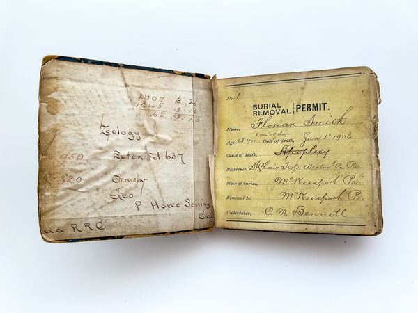 Stub book of burial removal permits for bodies expired and transported on a Western PA section of the Pennsylvania Railroad, 1906-1909