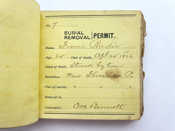 Stub book of burial removal permits for bodies expired and transported on a Western PA section of the Pennsylvania Railroad, 1906-1909