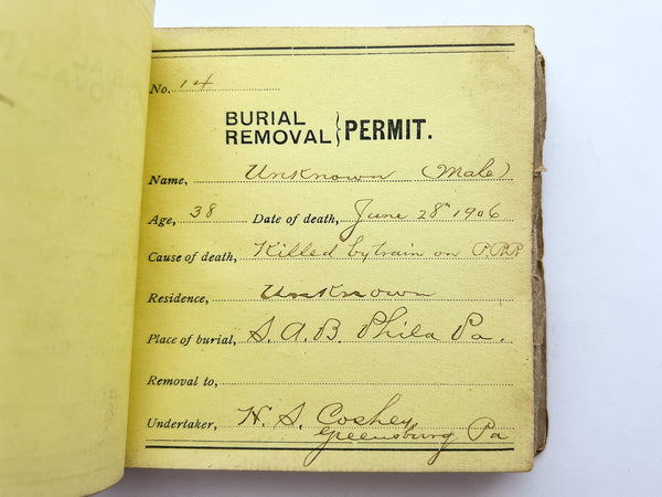 Stub book of burial removal permits for bodies expired and transported on a Western PA section of the Pennsylvania Railroad, 1906-1909