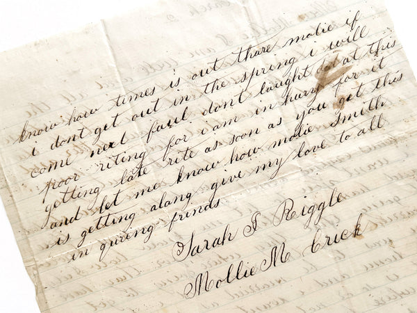 1850s earnest & orthographically dynamic letter from Ms. Sarah Riggle to Mollie