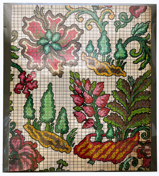 Floral/topiary hand-painted "check paper" pattern for Jacquard woven tapestry, France 1911