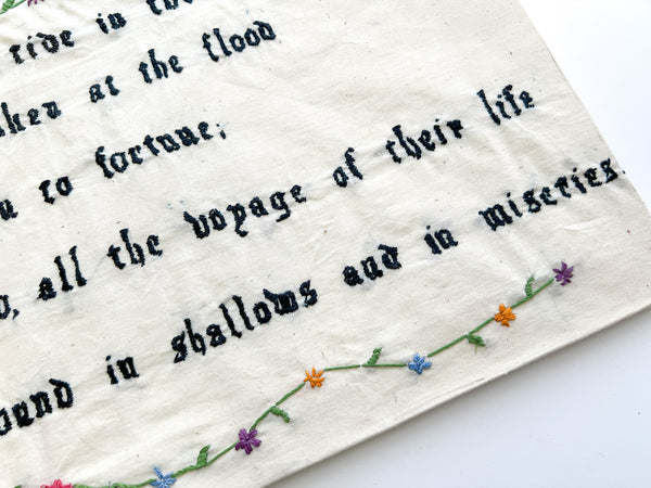 Embroidered panel quoting Shakespeare