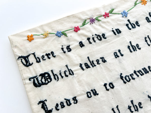 Embroidered panel quoting Shakespeare