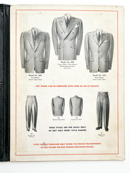 Salesman's sample folio for "John D" custom tailored suits "Style, Comfort, Price, Fit"