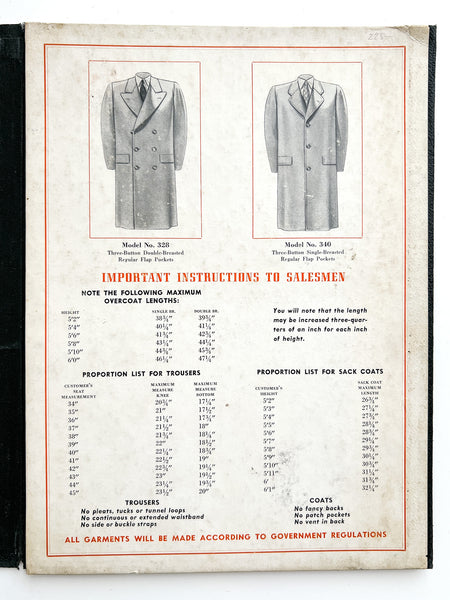 Salesman's sample folio for "John D" custom tailored suits "Style, Comfort, Price, Fit"