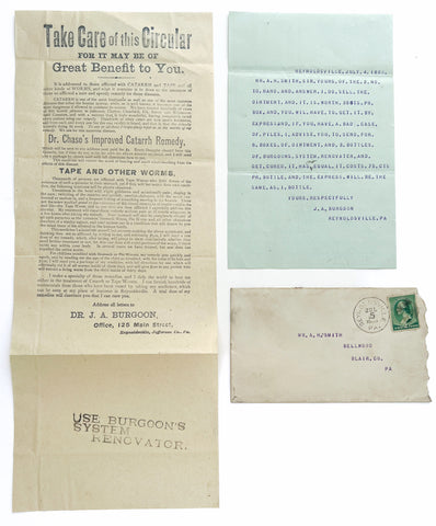 Typed letter and circular advertising Dr. Chase's Improved Catarrh Remedy (for tape and other worms) with a large stamp in the lower section "Use Burgoon's System Renovator"