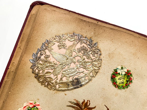 Ca. 1880s scrap book with trade cards, die cuts, chromos, etc.