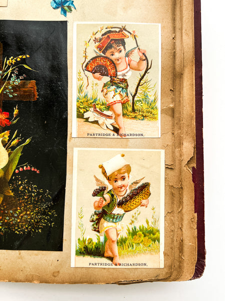Ca. 1880s scrap book with trade cards, die cuts, chromos, etc.