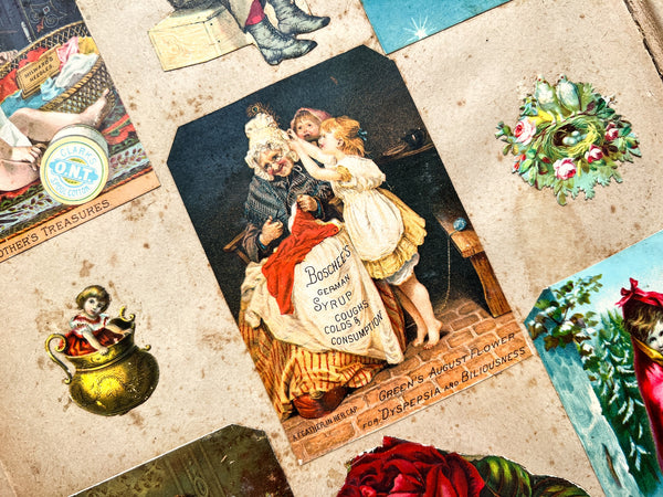 Ca. 1880s scrap book with trade cards, die cuts, chromos, etc.