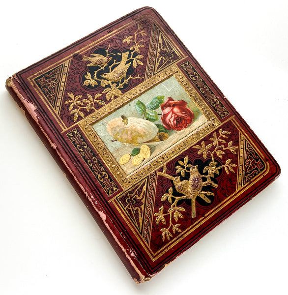 Ca. 1880s scrap book with trade cards, die cuts, chromos, etc.