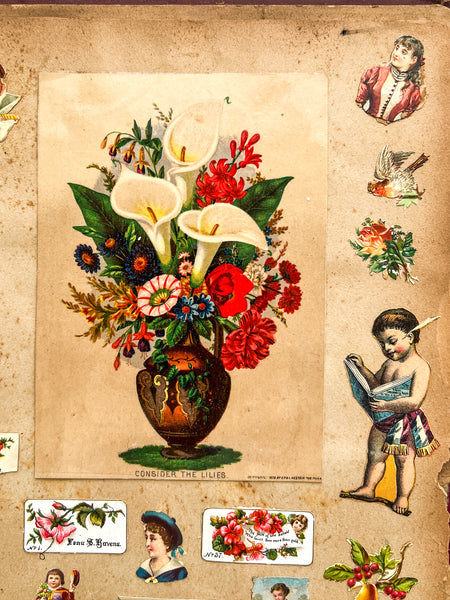 Ca. 1880s scrap book with trade cards, die cuts, chromos, etc.