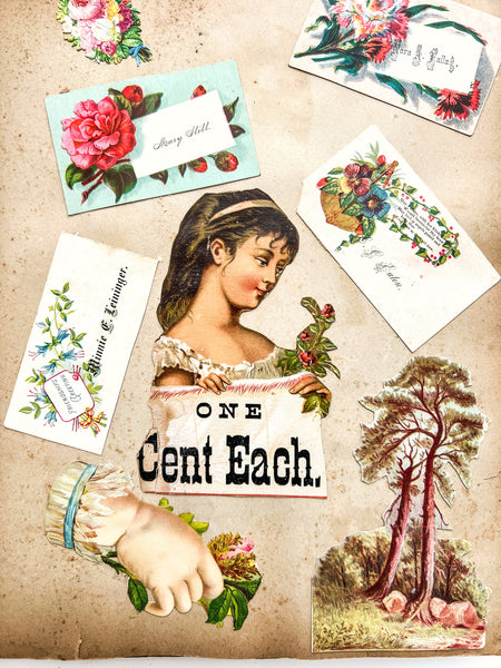 Ca. 1880s scrap book with trade cards, die cuts, chromos, etc.