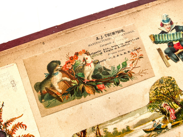 Ca. 1880s scrap book with trade cards, die cuts, chromos, etc.