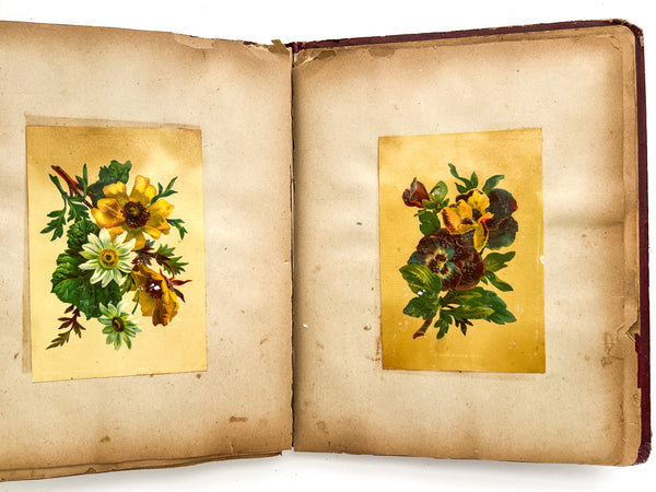 Ca. 1880s scrap book with trade cards, die cuts, chromos, etc.