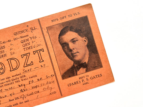 1927 QSL card with photo portrait of broadcast radio pioneer and electronics inventor Parker S. Gates 9DZT