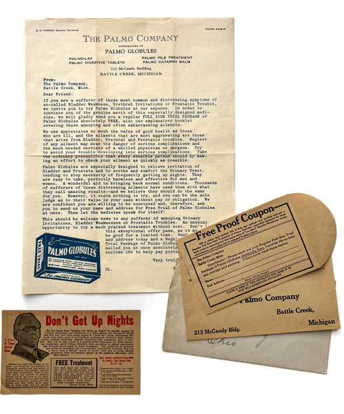 Mailed advertising from The Palmo Company, offering a free trial of Palmo Globules (5 items)