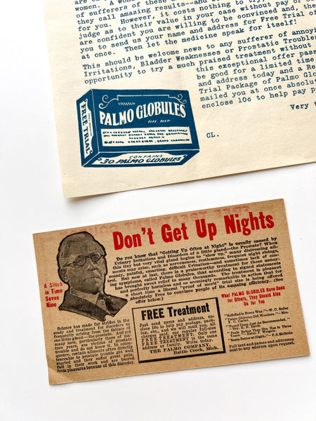 Mailed advertising from The Palmo Company, offering a free trial of Palmo Globules (5 items)