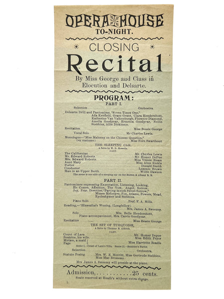 Opera House To-Night: Closing Recital by Miss George and Class in Elocution and Delsarte (Michigan, 1896)