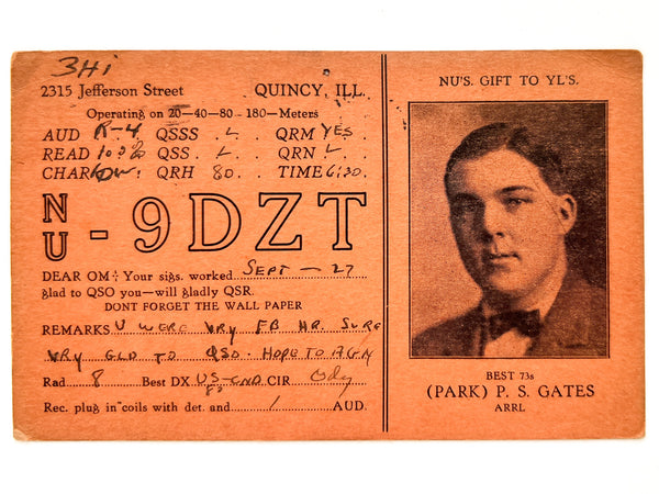 1927 QSL card with photo portrait of broadcast radio pioneer and electronics inventor Parker S. Gates 9DZT