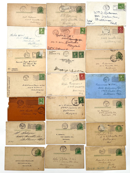 Collection of 21 ham radio QSL cards mailed to Baltimore operator William Ridenour (W3HI) from 1924-1936.
