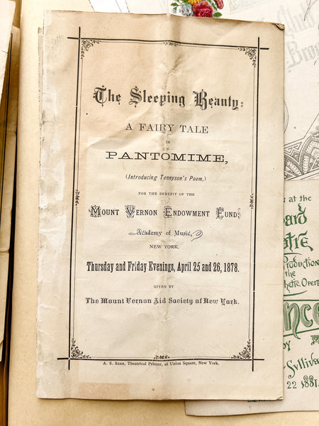 Gilded Age scrapbook of Brooklyn & NYC theater bills and ephemera, ca. 1873-1881, including rare Edwin Booth and Wallack’s Theatre publications (plus Gilbert & Sullivan, Sarah Bernhardt, and Brooklyn Theatre before it burned)