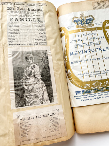 Gilded Age scrapbook of Brooklyn & NYC theater bills and ephemera, ca. 1873-1881, including rare Edwin Booth and Wallack’s Theatre publications (plus Gilbert & Sullivan, Sarah Bernhardt, and Brooklyn Theatre before it burned)