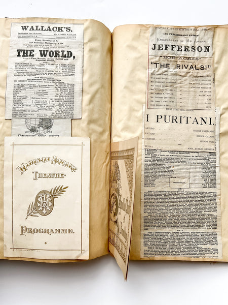 Gilded Age scrapbook of Brooklyn & NYC theater bills and ephemera, ca. 1873-1881, including rare Edwin Booth and Wallack’s Theatre publications (plus Gilbert & Sullivan, Sarah Bernhardt, and Brooklyn Theatre before it burned)