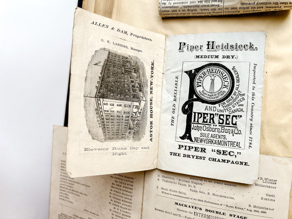 Gilded Age scrapbook of Brooklyn & NYC theater bills and ephemera, ca. 1873-1881, including rare Edwin Booth and Wallack’s Theatre publications (plus Gilbert & Sullivan, Sarah Bernhardt, and Brooklyn Theatre before it burned)