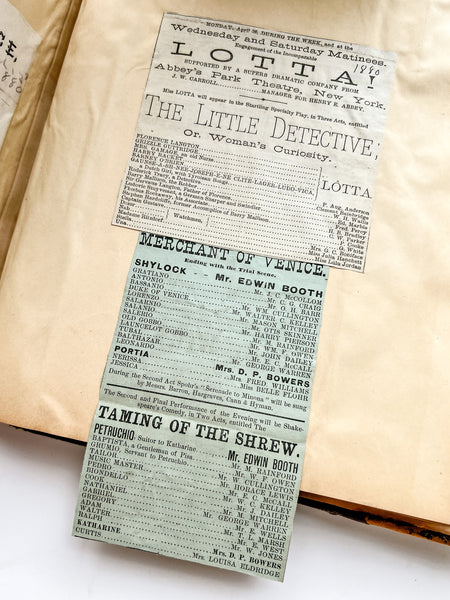 Gilded Age scrapbook of Brooklyn & NYC theater bills and ephemera, ca. 1873-1881, including rare Edwin Booth and Wallack’s Theatre publications (plus Gilbert & Sullivan, Sarah Bernhardt, and Brooklyn Theatre before it burned)
