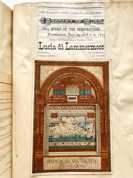 Gilded Age scrapbook of Brooklyn & NYC theater bills and ephemera, ca. 1873-1881, including rare Edwin Booth and Wallack’s Theatre publications (plus Gilbert & Sullivan, Sarah Bernhardt, and Brooklyn Theatre before it burned)