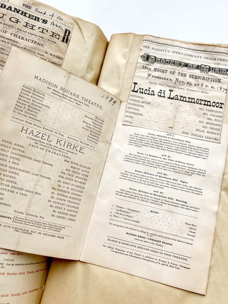 Gilded Age scrapbook of Brooklyn & NYC theater bills and ephemera, ca. 1873-1881, including rare Edwin Booth and Wallack’s Theatre publications (plus Gilbert & Sullivan, Sarah Bernhardt, and Brooklyn Theatre before it burned)