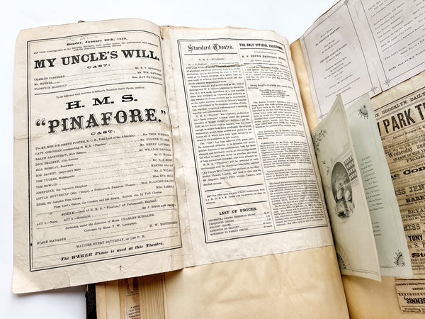 Gilded Age scrapbook of Brooklyn & NYC theater bills and ephemera, ca. 1873-1881, including rare Edwin Booth and Wallack’s Theatre publications (plus Gilbert & Sullivan, Sarah Bernhardt, and Brooklyn Theatre before it burned)