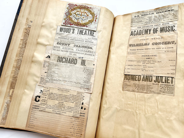Gilded Age scrapbook of Brooklyn & NYC theater bills and ephemera, ca. 1873-1881, including rare Edwin Booth and Wallack’s Theatre publications (plus Gilbert & Sullivan, Sarah Bernhardt, and Brooklyn Theatre before it burned)
