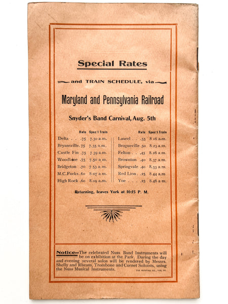 Program of Snyder's 15th Annual Band Carnival. Saturday, August 5, 1905. Brookside Park, Near Dover. All Day and Evening. 12 Bands and 1 Mandolin Club Participating