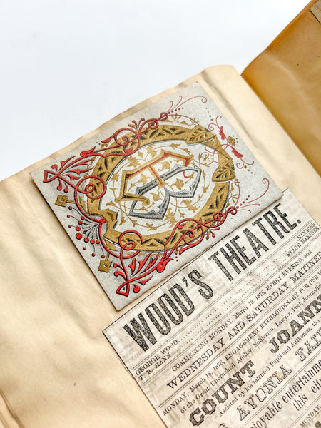 Gilded Age scrapbook of Brooklyn & NYC theater bills and ephemera, ca. 1873-1881, including rare Edwin Booth and Wallack’s Theatre publications (plus Gilbert & Sullivan, Sarah Bernhardt, and Brooklyn Theatre before it burned)