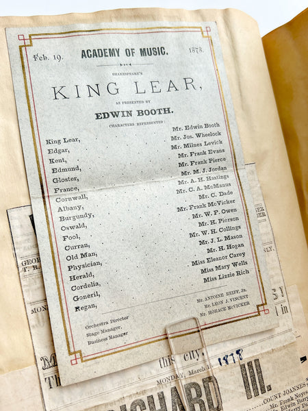 Gilded Age scrapbook of Brooklyn & NYC theater bills and ephemera, ca. 1873-1881, including rare Edwin Booth and Wallack’s Theatre publications (plus Gilbert & Sullivan, Sarah Bernhardt, and Brooklyn Theatre before it burned)