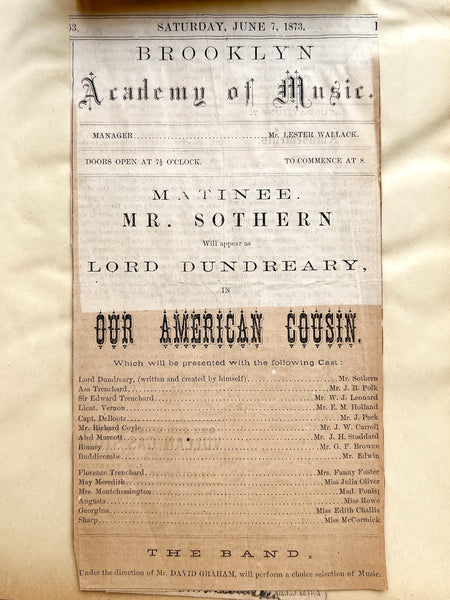 Gilded Age scrapbook of Brooklyn & NYC theater bills and ephemera, ca. 1873-1881, including rare Edwin Booth and Wallack’s Theatre publications (plus Gilbert & Sullivan, Sarah Bernhardt, and Brooklyn Theatre before it burned)