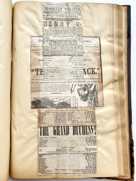 Gilded Age scrapbook of Brooklyn & NYC theater bills and ephemera, ca. 1873-1881, including rare Edwin Booth and Wallack’s Theatre publications (plus Gilbert & Sullivan, Sarah Bernhardt, and Brooklyn Theatre before it burned)