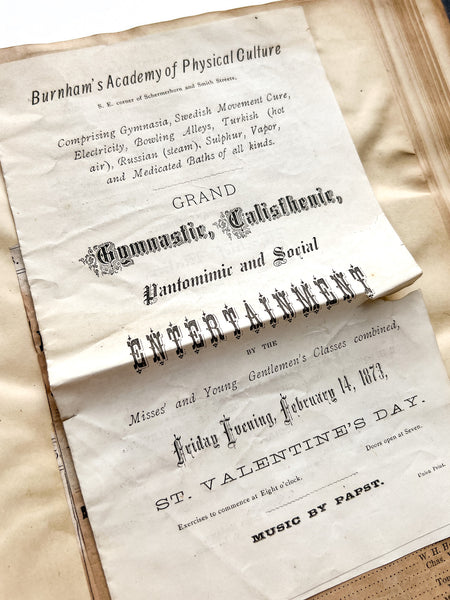 Gilded Age scrapbook of Brooklyn & NYC theater bills and ephemera, ca. 1873-1881, including rare Edwin Booth and Wallack’s Theatre publications (plus Gilbert & Sullivan, Sarah Bernhardt, and Brooklyn Theatre before it burned)