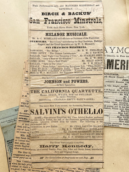 Gilded Age scrapbook of Brooklyn & NYC theater bills and ephemera, ca. 1873-1881, including rare Edwin Booth and Wallack’s Theatre publications (plus Gilbert & Sullivan, Sarah Bernhardt, and Brooklyn Theatre before it burned)