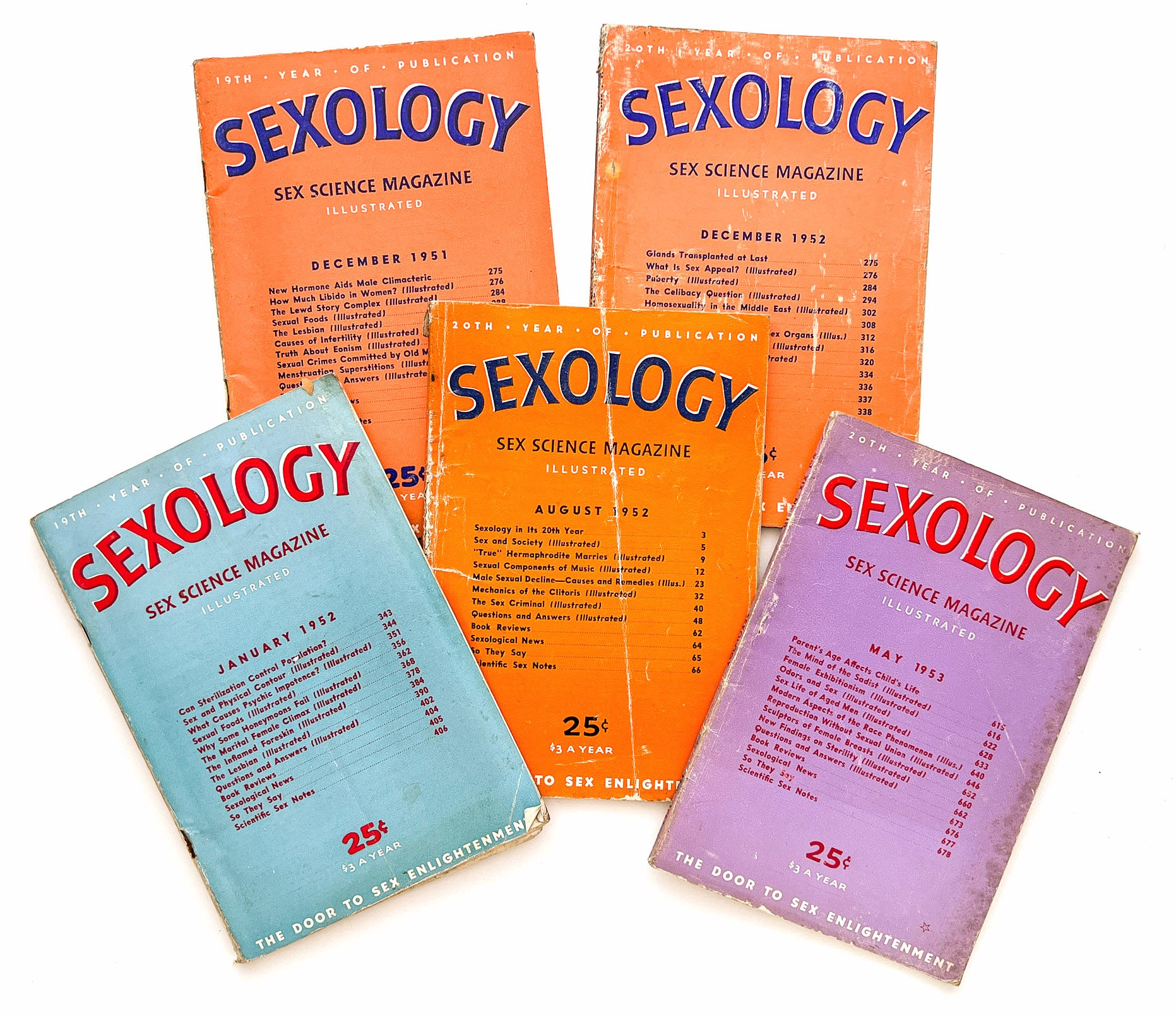 Sexology: Sex Science Magazine 5 issues: December 1951, January, August, December 1952, May 1953