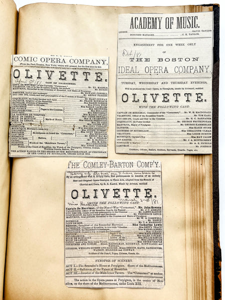 Gilded Age scrapbook of Brooklyn & NYC theater bills and ephemera, ca. 1873-1881, including rare Edwin Booth and Wallack’s Theatre publications (plus Gilbert & Sullivan, Sarah Bernhardt, and Brooklyn Theatre before it burned)