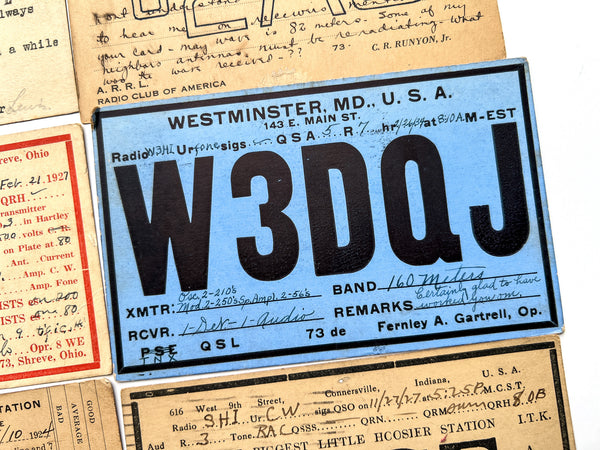 Collection of 21 ham radio QSL cards mailed to Baltimore operator William Ridenour (W3HI) from 1924-1936.