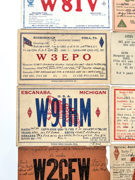 Collection of 21 ham radio QSL cards mailed to Baltimore operator William Ridenour (W3HI) from 1924-1936.