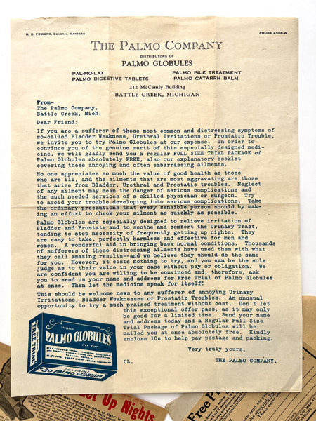 Mailed advertising from The Palmo Company, offering a free trial of Palmo Globules (5 items)