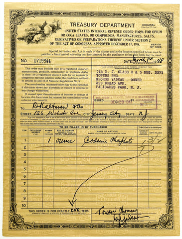 1936 Series Treasury Department Order Form for Opium or Coca Leaves...