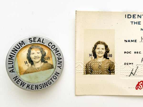 Employee Badge and Photo Identification Card with Fingerprints for Woman Employee at Aluminum Seal Company, New Kensington (Pittsburgh), 1945
