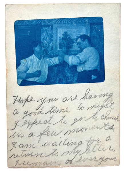 R.P.P.C. cyanotype of two pretend pugilists sticking "em" up in someone's house