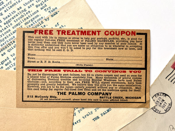 Mailed advertising from The Palmo Company, offering a free trial of Palmo Globules (5 items)